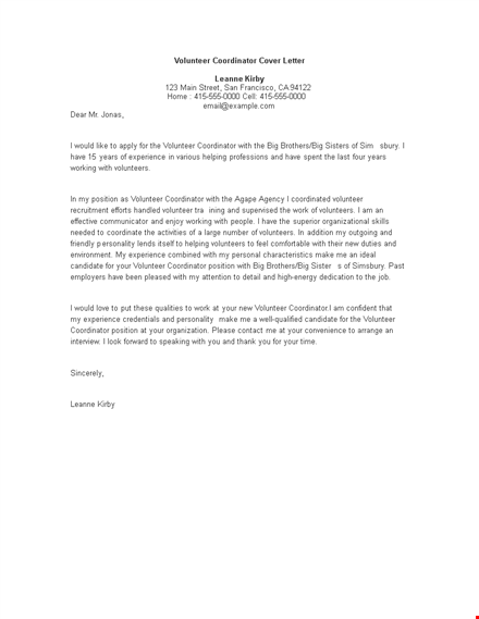 volunteer coordinator cover letter template