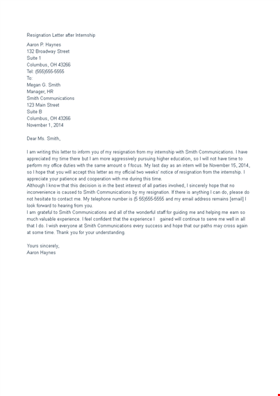 resignation letter after internship template