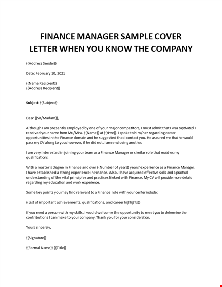 finance manager sample cover letter template