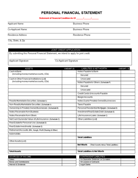easy-to-use personal financial statement template - financial information schedule template