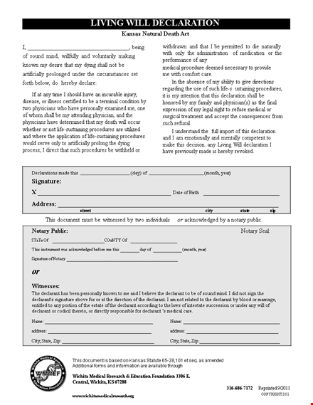 living will template - create your declaration of medical procedures as declarant template