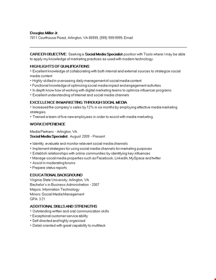 social media marketing specialist resume template