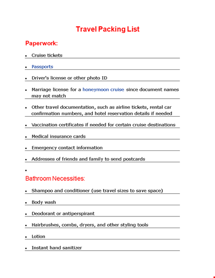 travel packing list template - what you need to pack for your cruise: shoes, tickets, and more template