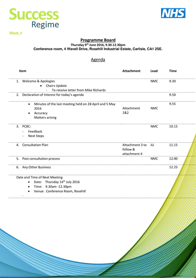 programme board agenda template template