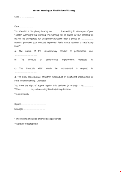 written employee warning letter for disciplinary conduct - final warning template