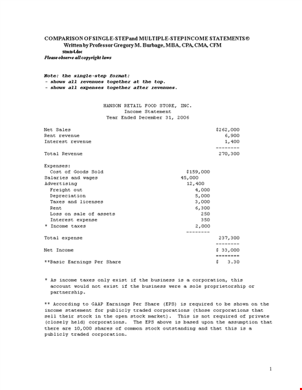 multi step income statement format template