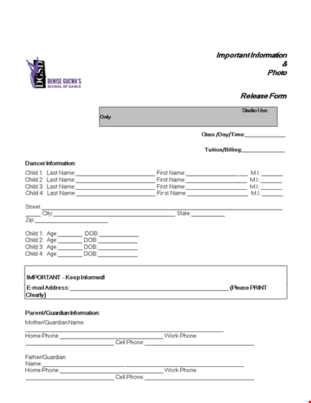 get our photo release form for children's dance. protect their information and phone privacy. template