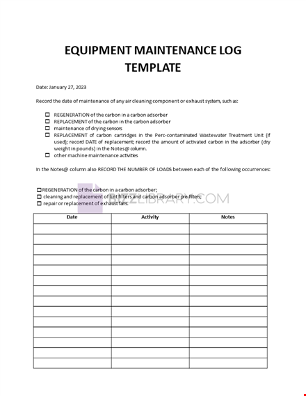 equipment maintenance log template template