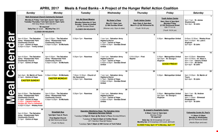 free meal calendar: find free meals at the salvation centre template