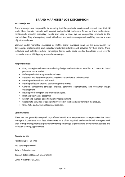 brand marketer job description template