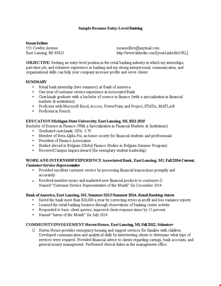 entry level banking resume in pdf template