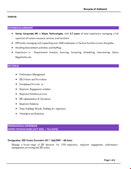 senior corporate hr resume example template