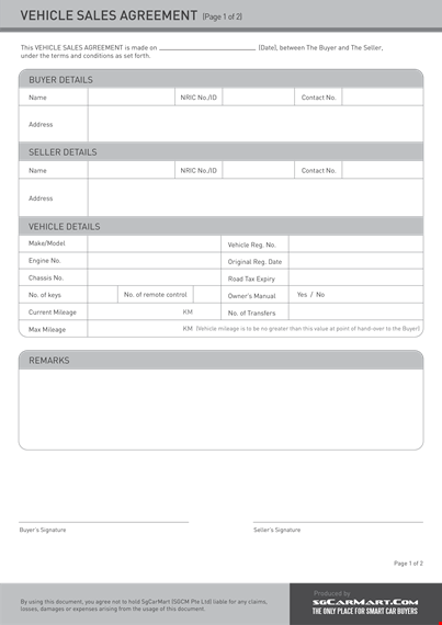 vehicle sales agreement template template