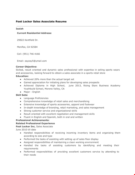 foot locker sales associate template