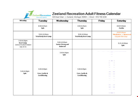 fitness calendar template
