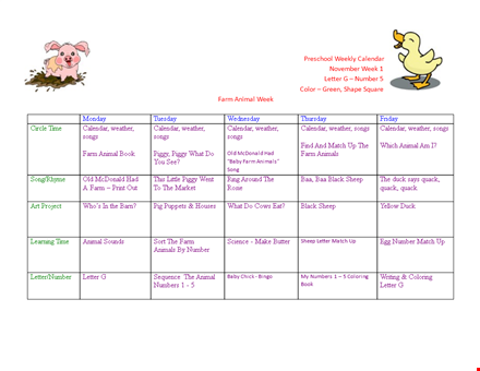 preschool weekly calendar template - plan letter, calendar, weather, and animal activities template