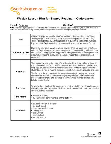 kindergarten english lesson plan for teachers: reading activities for students template
