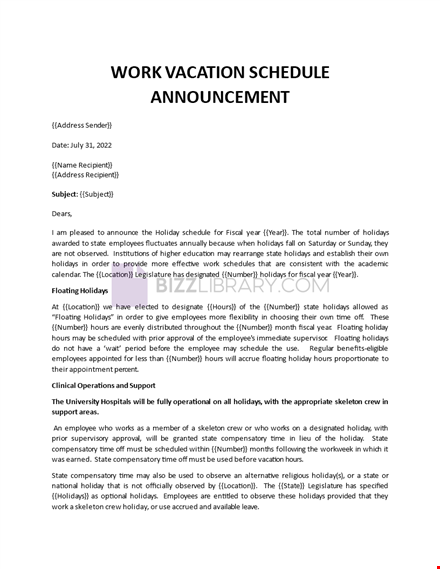 vacation schedule announcement template
