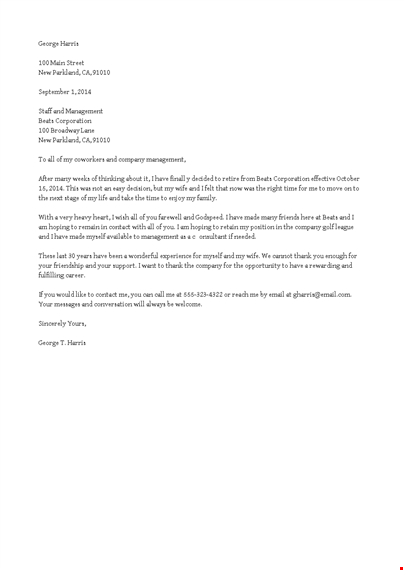 retirement goodbye letter to coworkers template