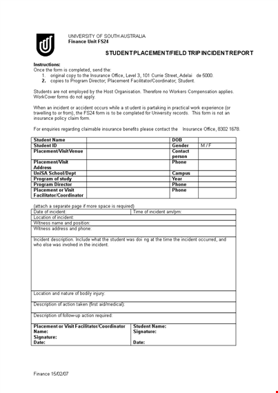 student placement incident report template
