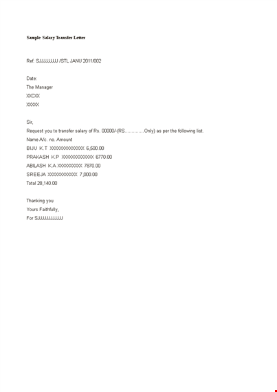 salary transfer letter template template