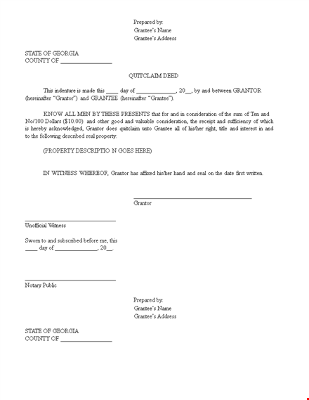 quit claim deed template - create a legal agreement for property transfer template