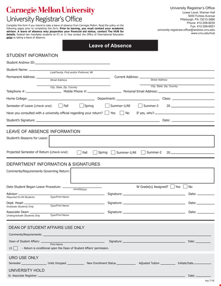 complete da form; leave request for student information | template template