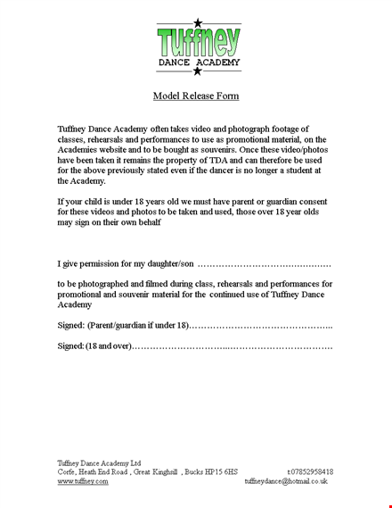 sign our model release form for video and dance: tuffney academy rehearsals template