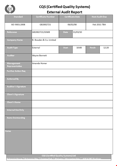 quality system audit report template template