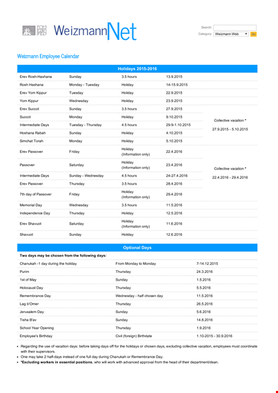 employee vacation calendar template - plan and track holiday, sunday, and thursday time off template