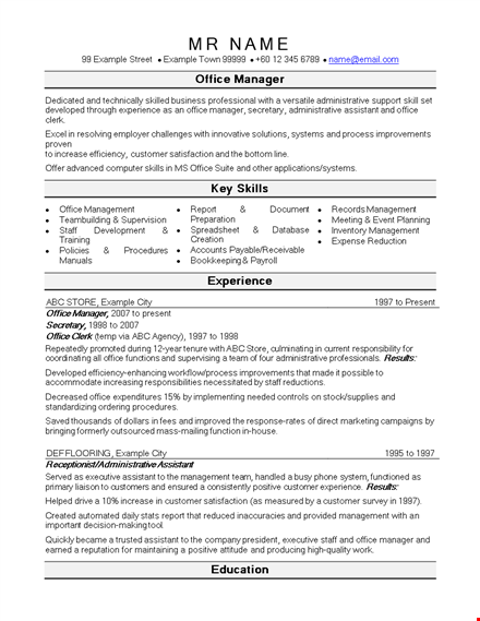 office manager resume template - expertly crafted example for administrative management template