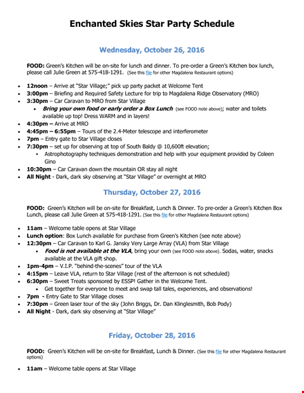 star party schedule template