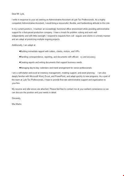 job application letter for professional administrative assistant template
