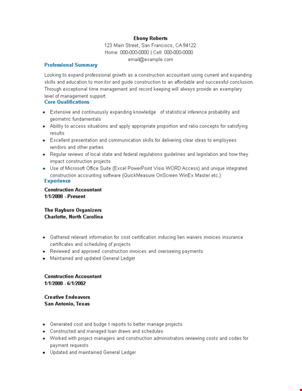 construction accountant resume template