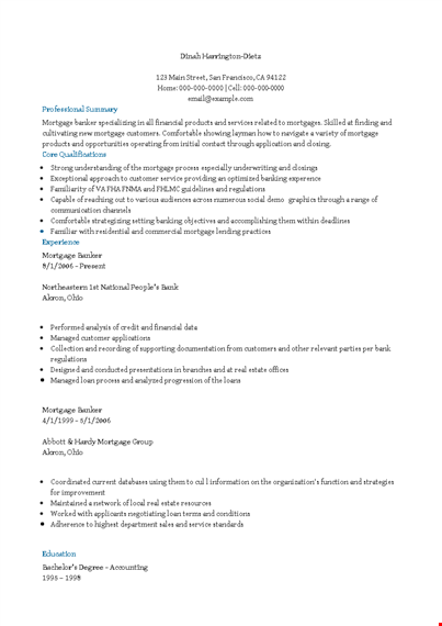 mortgage banking executive resume template