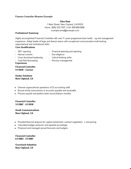finance controller resume example template