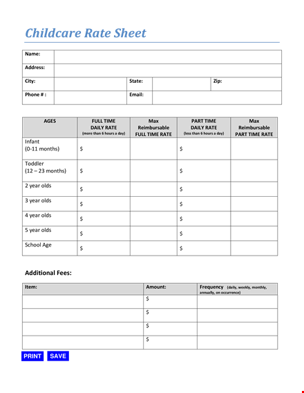 childcare rate sheet template for daily rates template