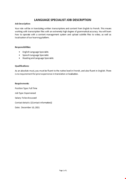 language specialist job description template