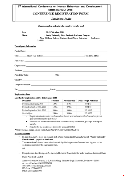 printable conference registration form template in lucknow - register for the conference now! template