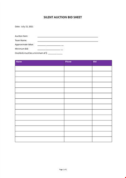 silent auction bid sheet template