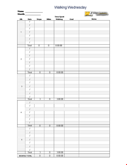 monthly running log - wednesday totals | track your running and walking progress template