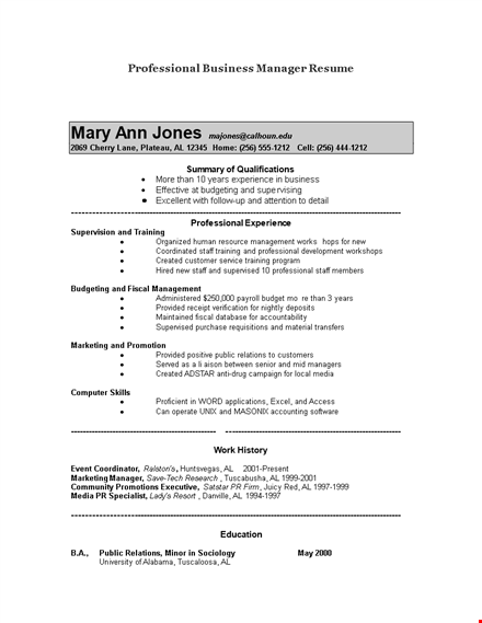 professional business manager resume template