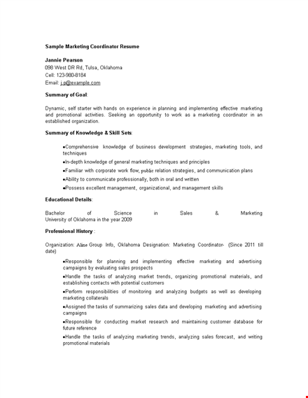 sales marketing coordinator resume template