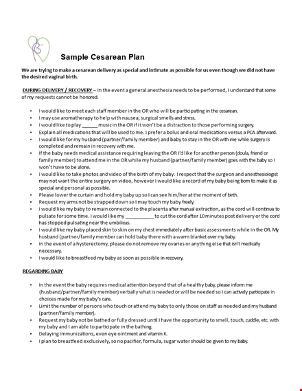 cesarean birth plan template template