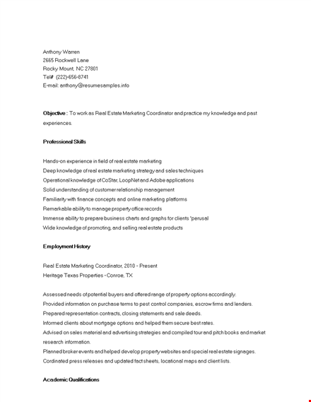 real estate marketing coordinator resume template