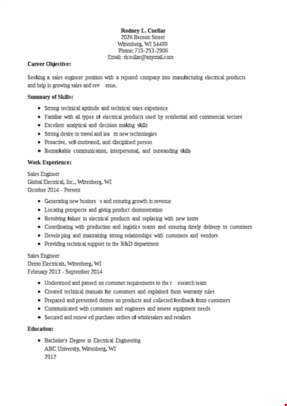 construction sales engineer resume template