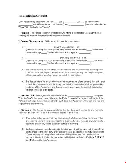 cohabitation agreement template for property and parties template