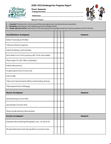 kindergarten progress report comment template