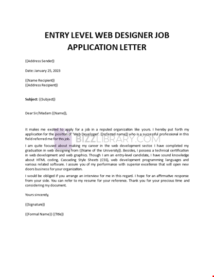 entry level web designer application letter template