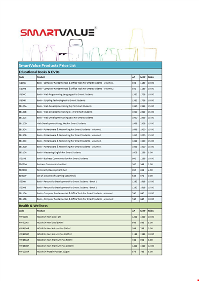 product price list template template
